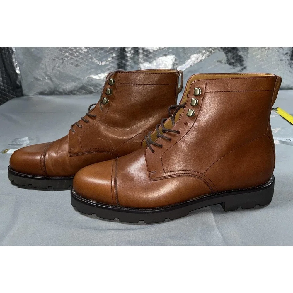 Polo Ralph Lauren Boots Mens Size 8.5 Brown Leather Lawrence Cap Toe Combat EUC